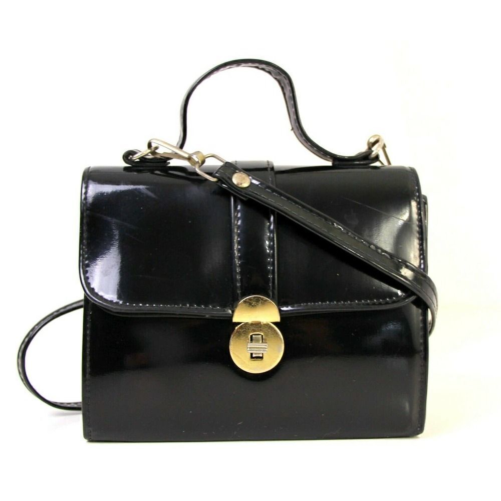 TRUE VINTAGE BLACK VINYL TURN LOCK FLAP MINI SHOULDER BAG HANDBAG POUCH PURSE